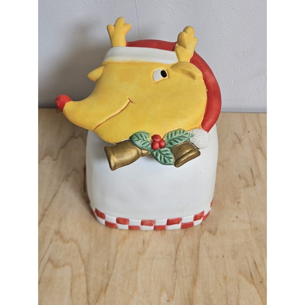Christmas Reindeer Ceramic Cookie Jar Canister Santa Hat Holly Bells 5"
